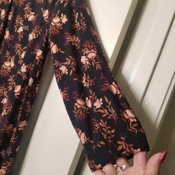 Beach Lunch Lounge Dress Black Floral Knee Length Boho Peasant Prairie Sz L - Picture 7 of 12